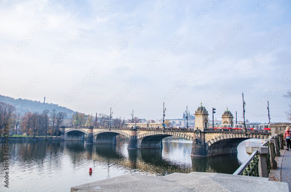 The Vltava river, The Vltava river, Charles bridge and white swans in Prague, Czech Republic in Prague, Czech Republic