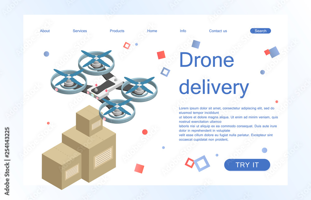 Landing page template of city drone delivery service. Concept of web page design for website and mobile website. Vector illustration. Isometric.