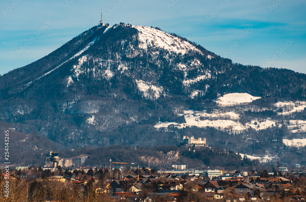 Beautiful alpine winter view of Salzburg from near Freilassing