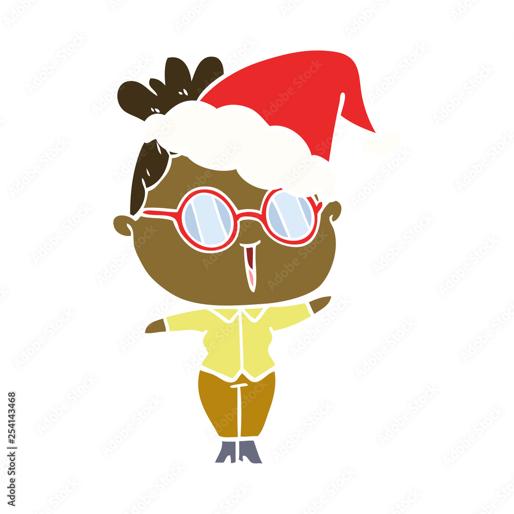 flat color illustration of a woman wearing spectacles wearing santa hat