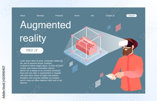 Landing page template of virtual augmented reality glasses concept with man learning and entertaining. Concept of web page design for website and mobile website. Vector illustration.