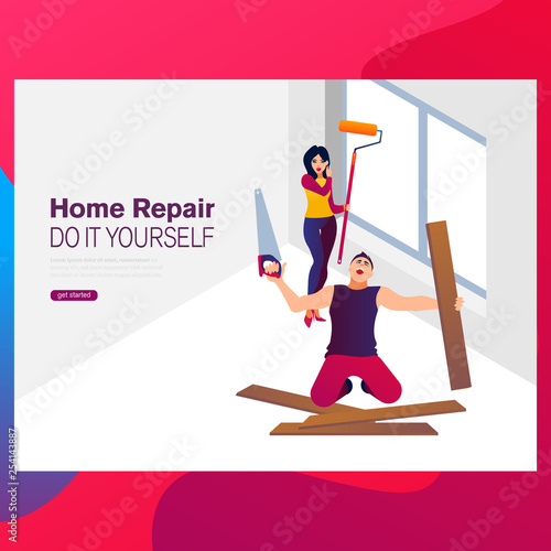 Home makeover and renovation: young happy couple painting their new house interiors using paint rollers