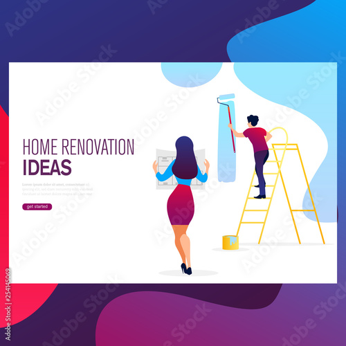 Home makeover and renovation: young happy couple painting their new house interiors