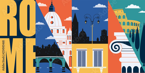 Rome, Italy vector banner, illustration. City skyline, historical buildings in modern flat design