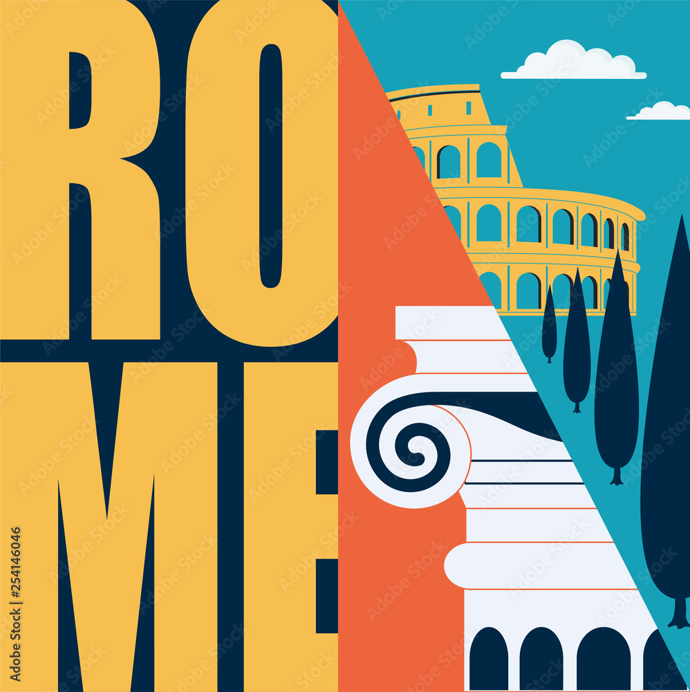 Rome, Italy vector illustration, postcard. Travel to Rome modern flat graphic design element