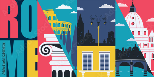 Rome, Italy vector banner, illustration. Cityscape, historical landmarks in modern flat design