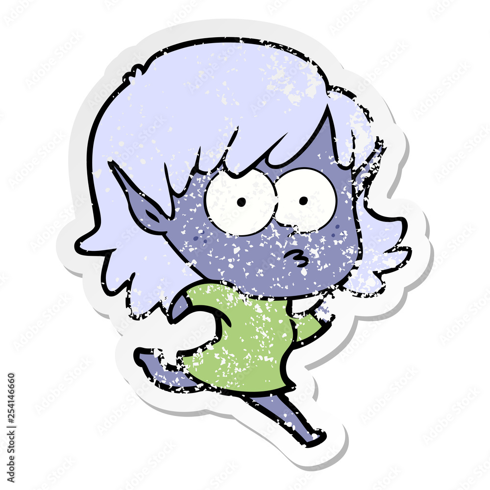 distressed sticker of a cartoon elf girl staring distressed sticker of a cartoon elf girl staring