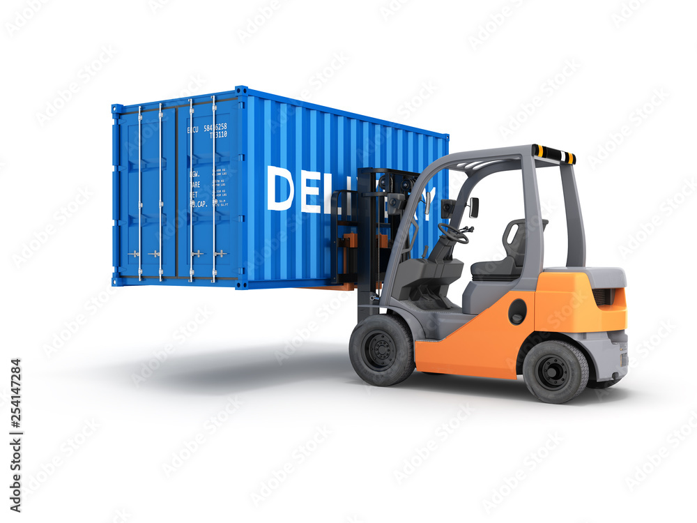 Forklift handling the cargo shipping container with an inscription delivery isolated on white background 3d render Forklift handling the cargo shipping container with an inscription delivery isolated on white background 3d render