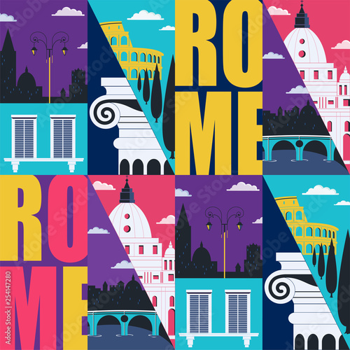 Rome, Italy vector seamless pattern. Travel to Rome modern flat graphic design element