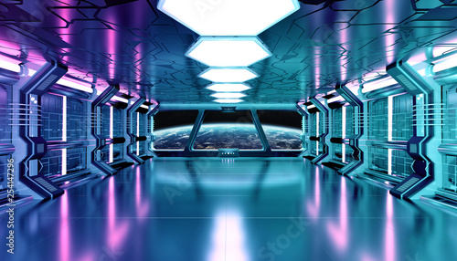 Fototapeta Naklejka Na Ścianę i Meble -  Dark blue pink spaceship futuristic interior with window view on planet Earth 3d rendering