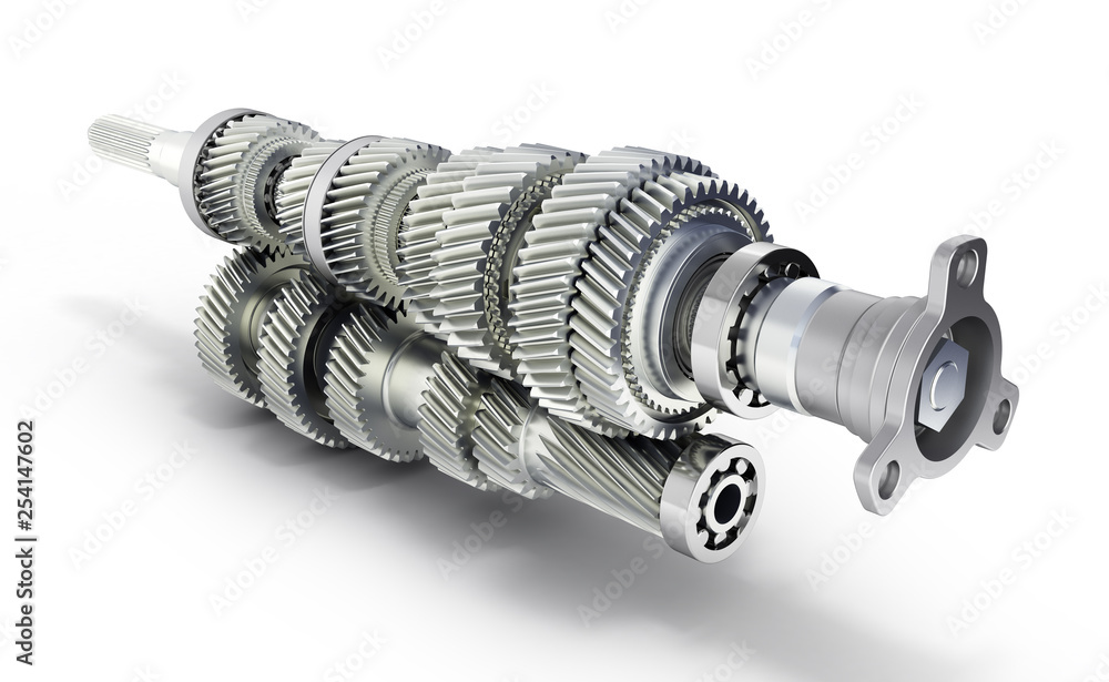 Automotive transmission gearbox Gears inside on white background 3d render  Stock Illustration