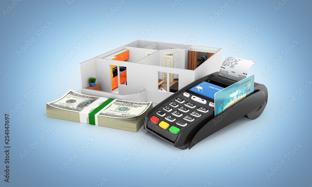 Concept of purchase or payment for housing Apartment layout with a stack of money american hundred dollar bills and POS terminal isolated on blue gradient background 3d Concept of purchase or payment for housing Apartment layout with a stack of money american hundred dollar bills and POS terminal isolated on blue gradient background 3d