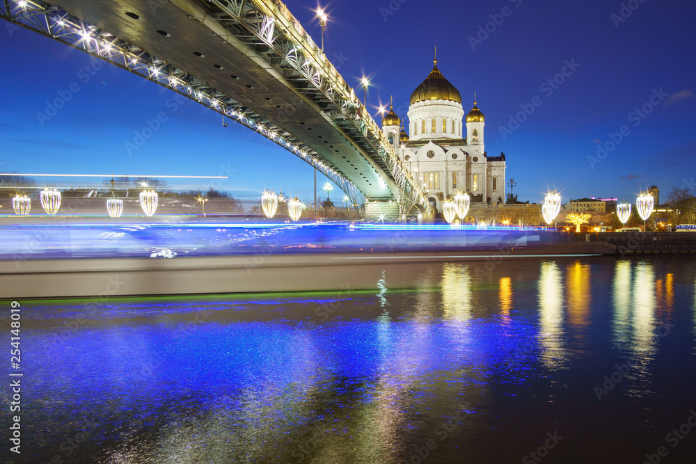 View of the temple in Moscow at night, landscape, river