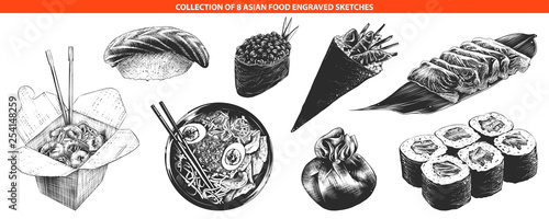 Vector engraved style asian food collection for posters, decoration and print, logo. Hand drawn sketches of monochrome isolated on white background. Detailed vintage woodcut style drawing.