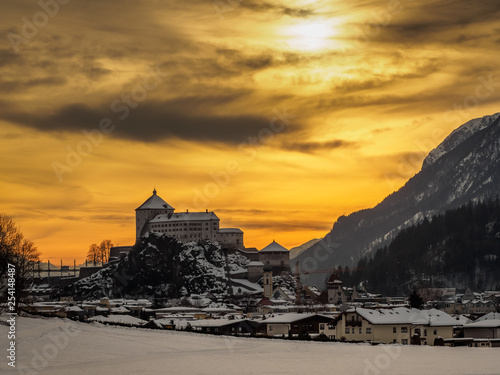 Colorful orange sunset at Kufstein in Tirol in winter