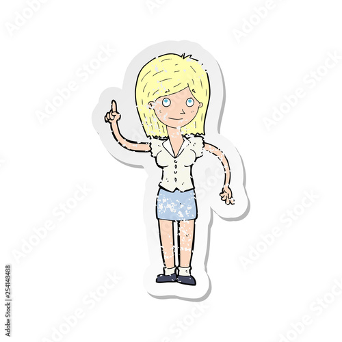 retro distressed sticker of a cartoon woman with idea