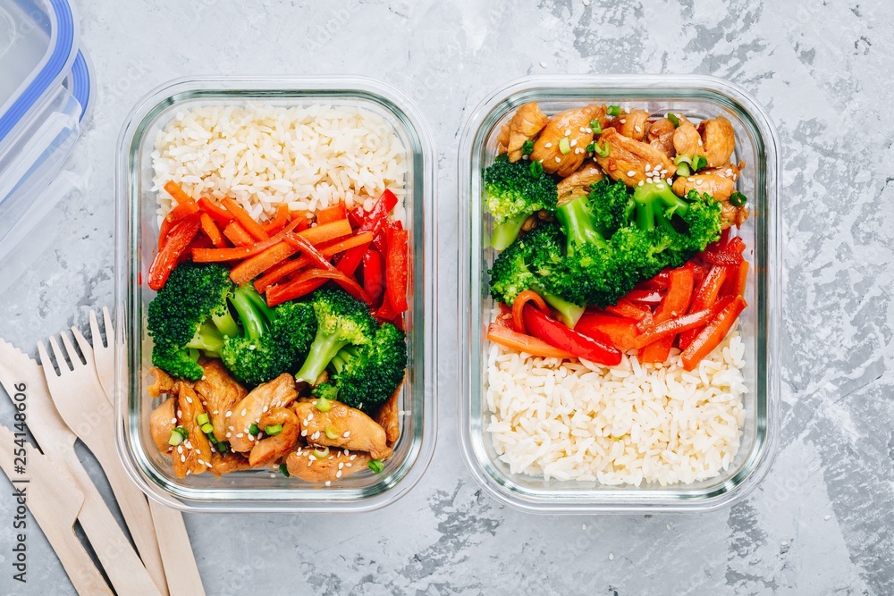 Chicken teriyaki meal prep lunch box containers with broccoli, rice and carrots