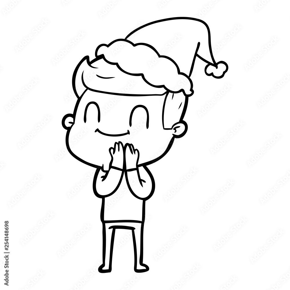 line drawing of a friendly man wearing santa hat