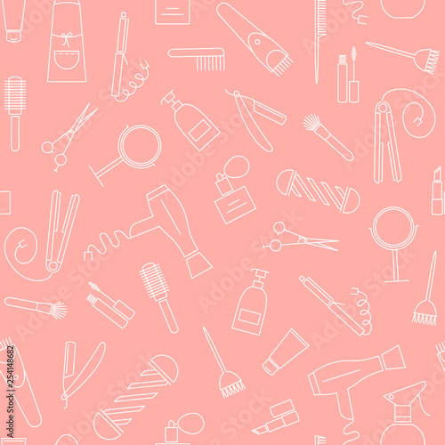 Beauty and care seamless pattern. Barber shop, beauty salon and hairdresser minimal linear icons on pastel coral background
