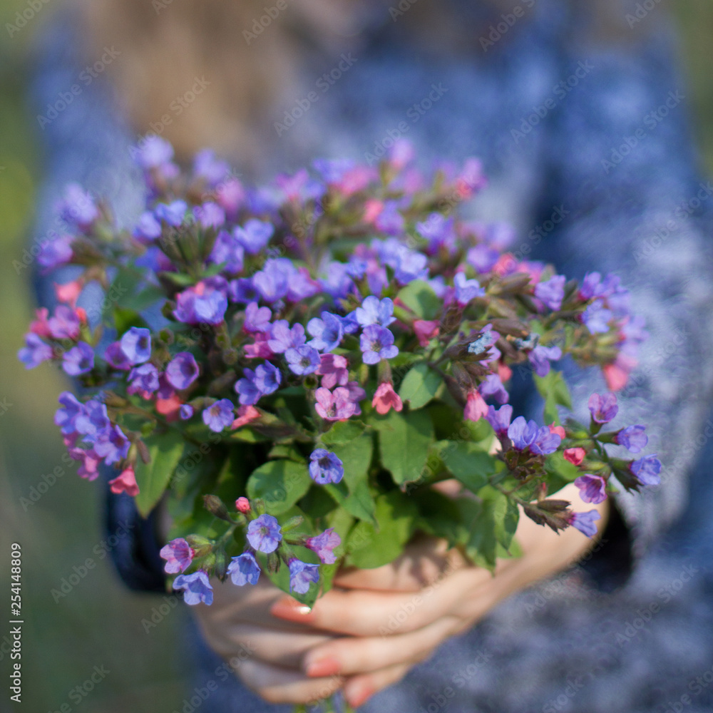 bouquet of spring flowers in female hands. selective focus