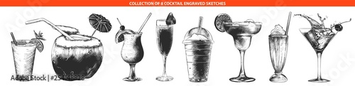 Vector engraved style cocktail collection for posters, decoration and print, logo. Hand drawn sketches of monochrome isolated on white background. Detailed vintage woodcut style drawing.