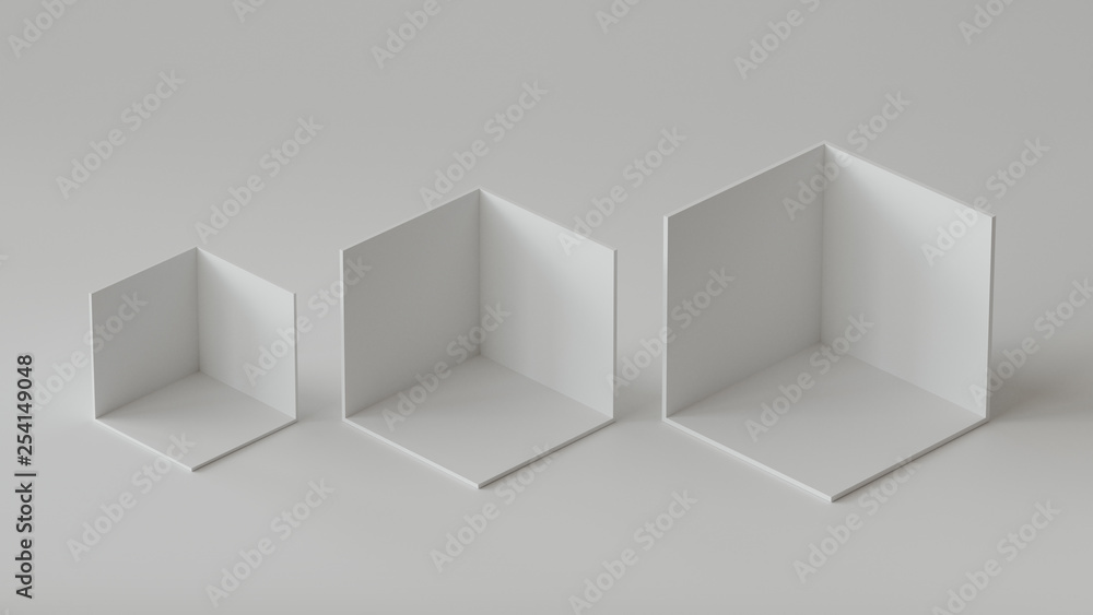 White cube boxes backdrop display on white background. 3D rendering. White cube boxes backdrop display on white background. 3D rendering.