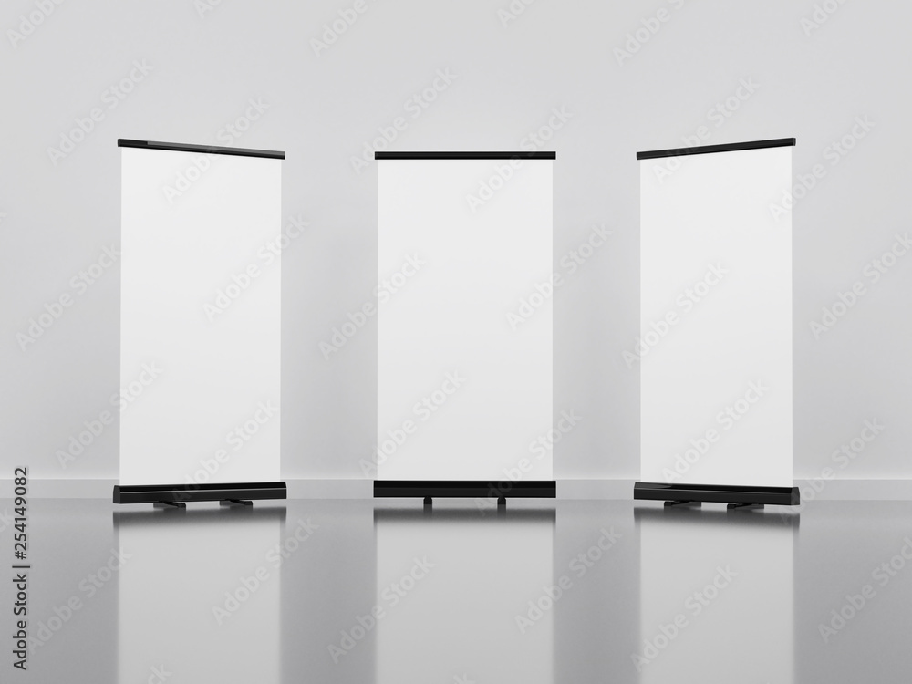 Outdoor Advertising Stand Banner (empty roll-up poster) - mockup template. 3D rendering Outdoor Advertising Stand Banner (empty roll-up poster) - mockup template. 3D rendering