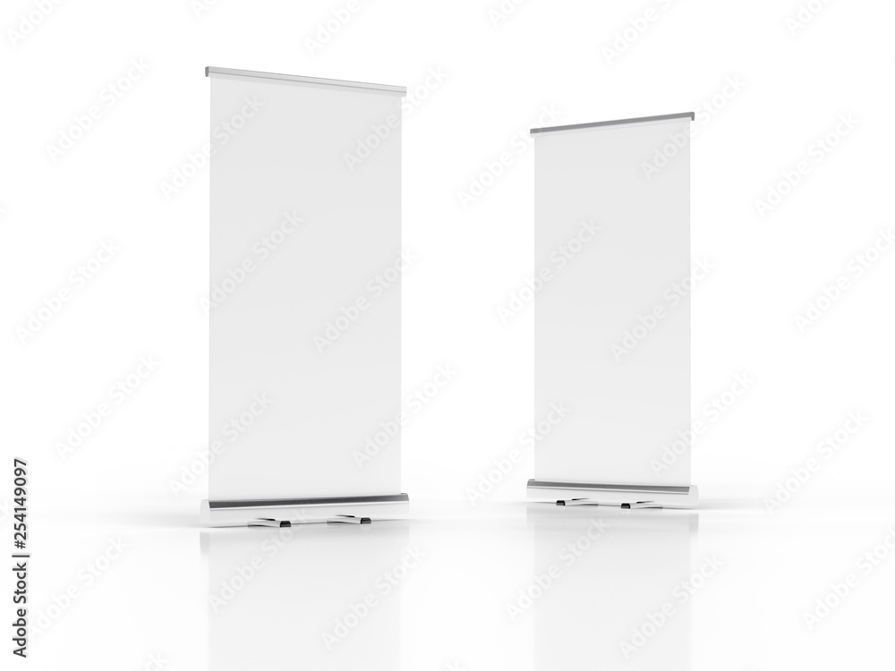 Outdoor Advertising Stand Banner (empty roll-up poster) - mockup template. 3D rendering Outdoor Advertising Stand Banner (empty roll-up poster) - mockup template. 3D rendering