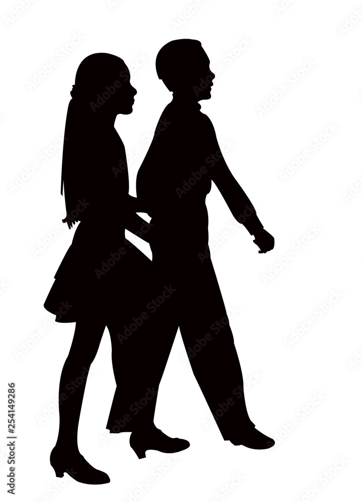 a teenager couple walking, silhouette vector