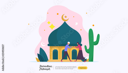 happy ramadan mubarak greeting concept with people character for web landing page template, banner, presentation, social, and print media. islamic eid fitr or adha flat design vector illustration