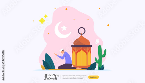 happy ramadan mubarak greeting concept with people character for web landing page template, banner, presentation, social, and print media. islamic eid fitr or adha flat design vector illustration