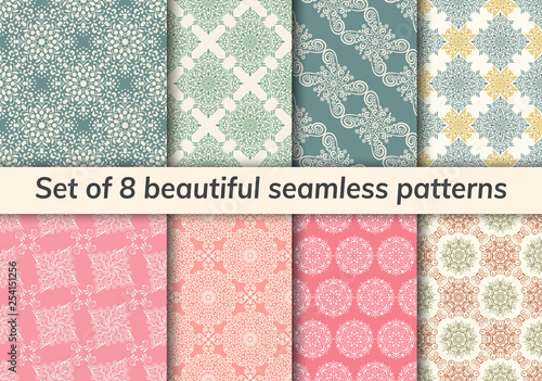 Pattern set arabic, indian, japanese, islamic motifs. Collection of 8 patterns. Mandala seamless pattern.