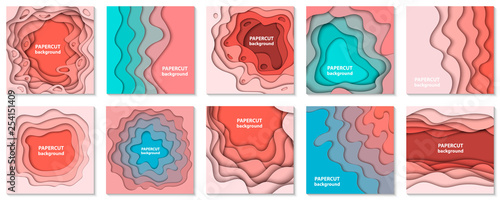 Vector collection of 10 backgrounds with colorful pastel paper cut shapes. 3D abstract paper art style, design layout for business presentations, flyers, posters, prints, decoration, cards, brochure