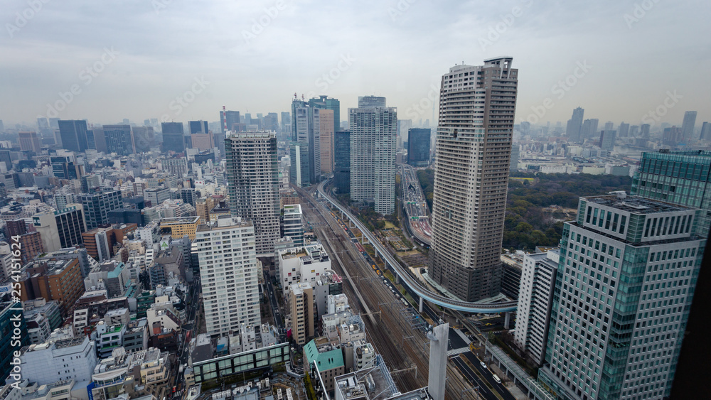Fototapeta premium Arial view of busy Tokyo city showing dense highrise buildings, train tracks, and highways with background sky