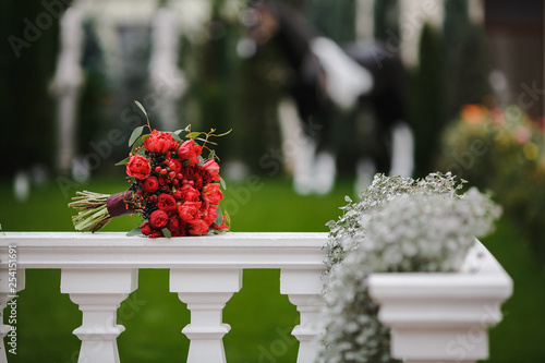 Fototapeta Naklejka Na Ścianę i Meble -  Bouquet of red peonies, live flowers, against the backdrop of nature.