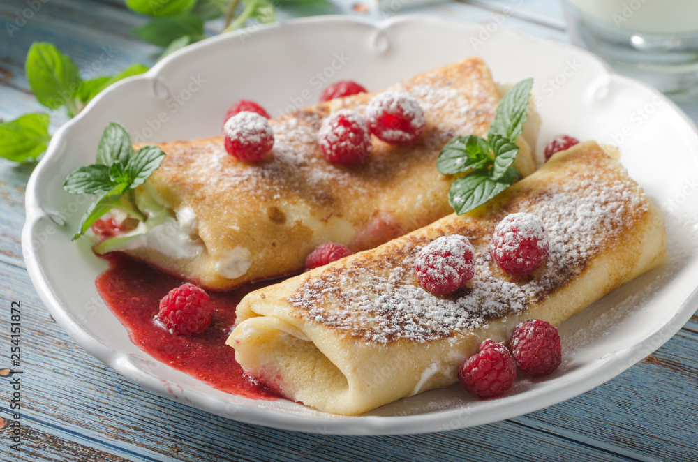 Cheese blintzes pancakes with fresh fruit Cheese blintzes pancakes with fresh fruit