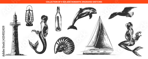 Vector engraved style romantic sea collection for posters, decoration and print, logo. Hand drawn sketches of in monochrome isolated on white background. Detailed vintage woodcut style drawing.