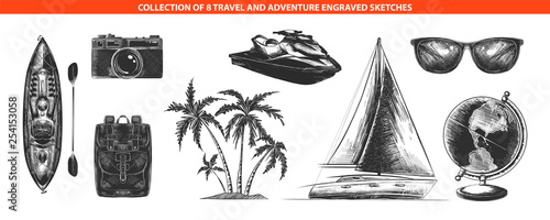 Vector engraved style adventure and travel collection for posters, decoration and print, logo. Hand drawn sketches of monochrome isolated on white background. Detailed vintage woodcut style drawing.