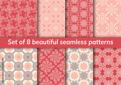 Pattern set arabic, indian, japanese, islamic motifs. Collection of 8 patterns. Mandala seamless pattern.