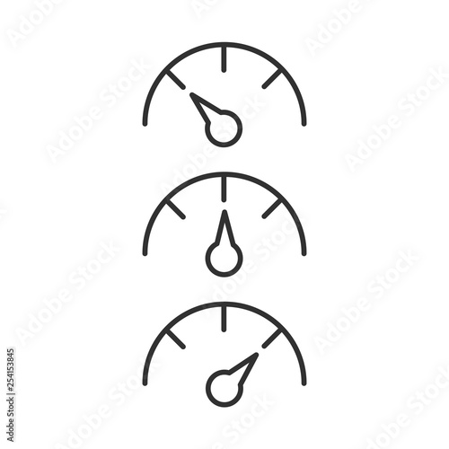 Gauge or Speedometer line icon set shows different values, data and analytics, velocity sign, Vector illustration isolated on white background.