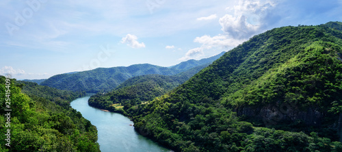 Beautiful  panorama: Top view blue river in green  mountains valley. Travel, tourism, wanderlust concept. Text space