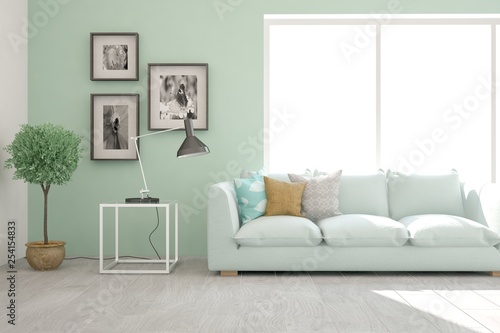 Blue stylish minimalist room with sofa. Scandinavian interior design. 3D illustration © AntonSh