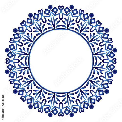 Ceramic tile pattern. Decorative round ornament. White background with art frame. Islamic, indian, arabic motifs.