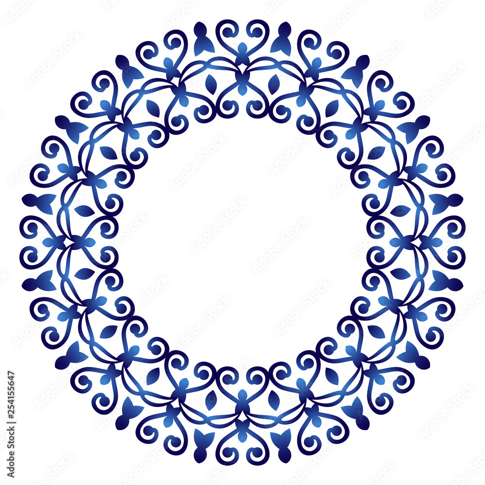 Ceramic tile pattern. Decorative round ornament. White background with art frame. Islamic, indian, arabic motifs. Ceramic tile pattern. Decorative round ornament. White background with art frame. Islamic, indian, arabic motifs.