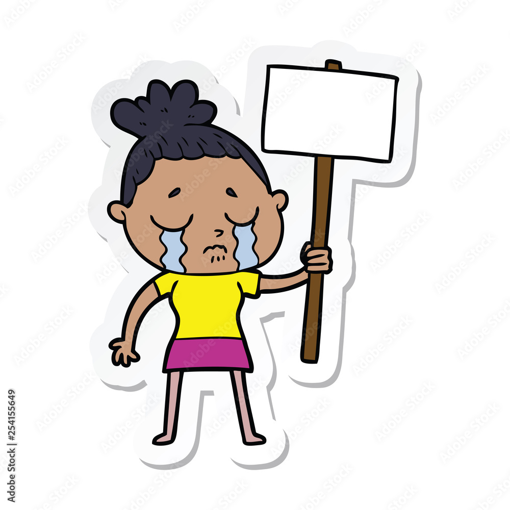 sticker of a cartoon crying woman with protest sign sticker of a cartoon crying woman with protest sign