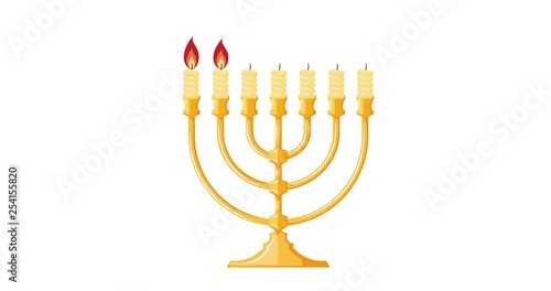 4K Animation gold cartoon menorah with candles and flames. 4K video of the subject of the Jewish cult. Hanukkah Religious Festival