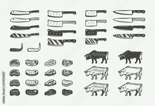 Set of vintage retro butchery bbq elements. Can be used for logos, emblems, badges, labels. Graphic Art. Illustration. Vector.