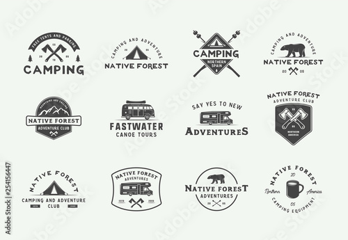Set of vintage camping outdoor and adventure logos  badges  labels  emblems  marks and design elements. Graphic Art. Vector Illustration.