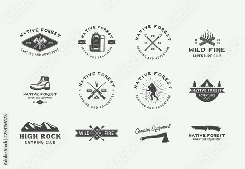 Set of vintage camping outdoor and adventure logos, badges, labels, emblems, marks and design elements. Graphic Art. Vector Illustration.