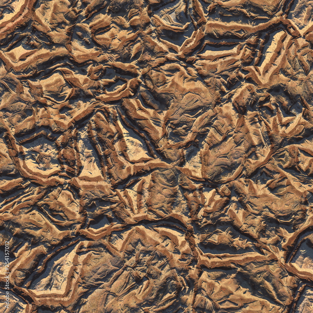 Aerial view from air plane to brown and sandy nature mountains seamless texture background illustration